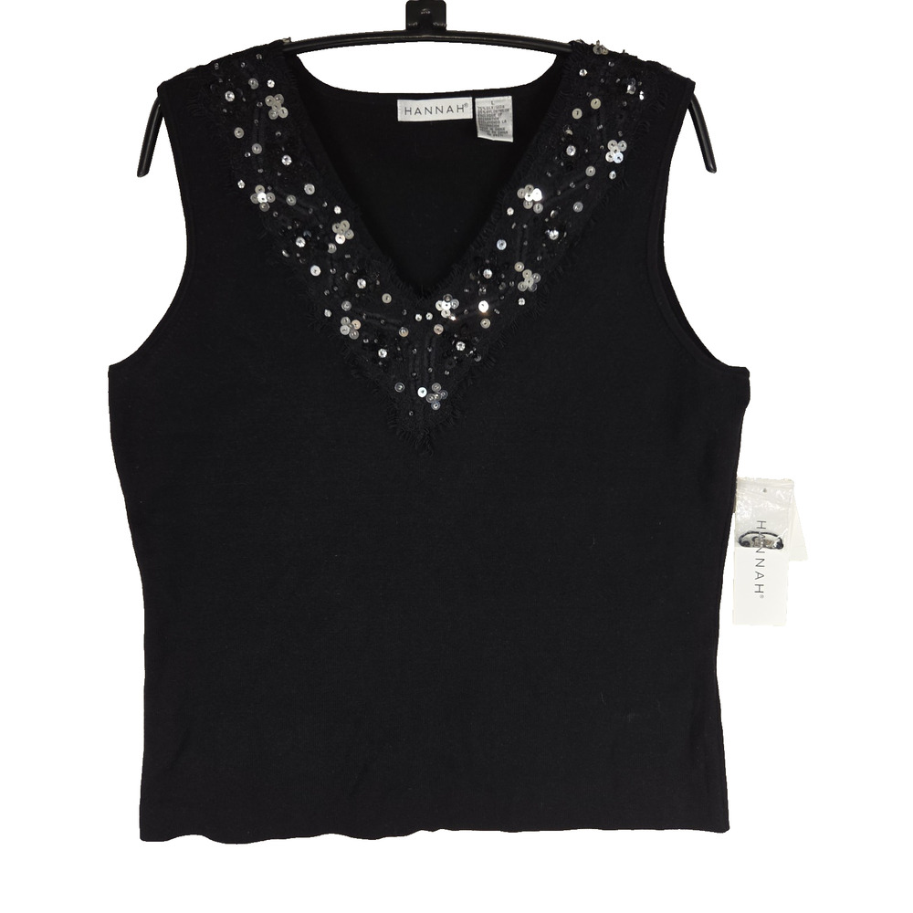 Vtg Hannah Shirt Tank Top Black Womens Sz Large Silk Blend Y2K 2000s 90s NWT